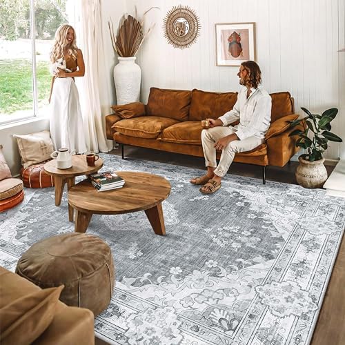 MUJOO Grey Washable Rug 8x10 Area Rugs Non Slip Low-Pile Floral Large