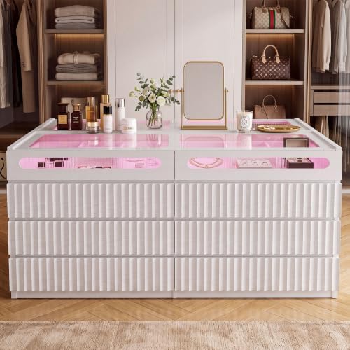 Modern 16 Drawer Wardrobe Armoire,Fluted Island Dresser,White Oak Grain