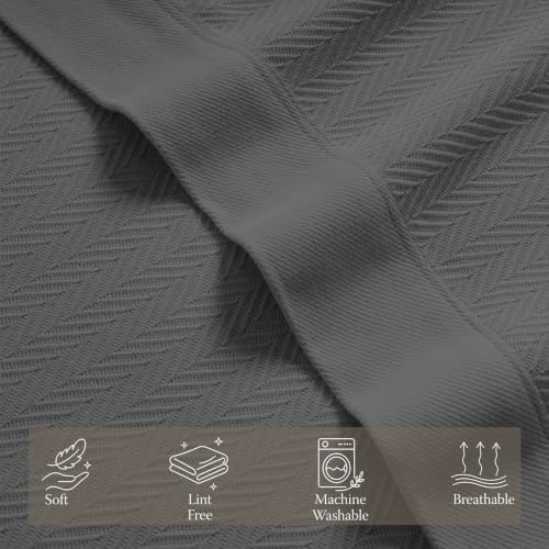 Threadmill Luxury 100% Cotton Queen Herringbone Blanket, Dark Grey