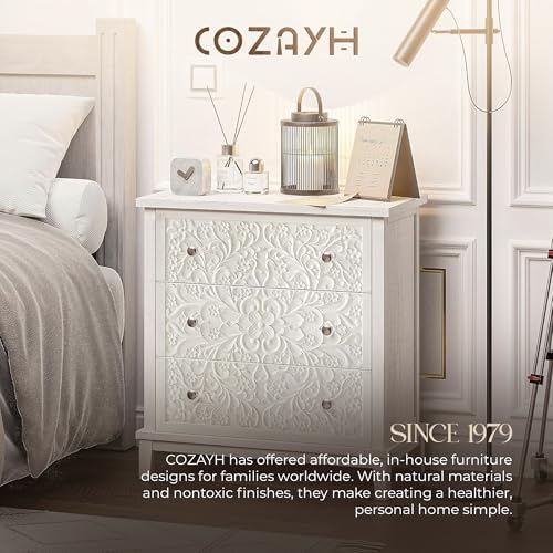 COZAYH Farmhouse 3-Drawer Dresser, Floral Carved, Distressed White-Washed