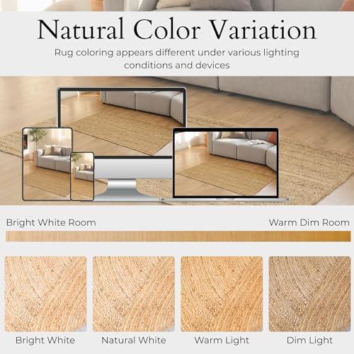 Jute Area Rug - 3'x5' Natural Jute Rug with Non-Slip Backing, Low-Pro...