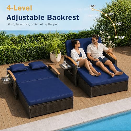 Outdoor Patio Rattan Daybed, Navy Blue/Rustic Brown