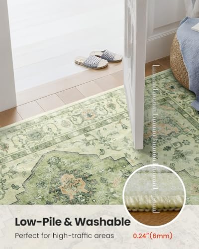 Amada Large 8x10 Washable Area Rug for Living Room, Green, Vintage Style