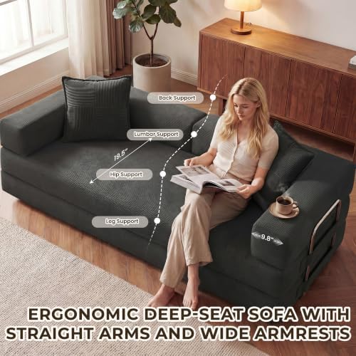 GRUSIGN 78" 5-in-1 Convertible Futon Sofa Bed, Boneless Corduroy, Gray