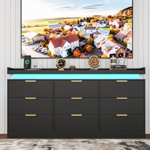 9 Drawer Dresser for Bedroom, Black Dresser with LED Lights and Power Outlet,...