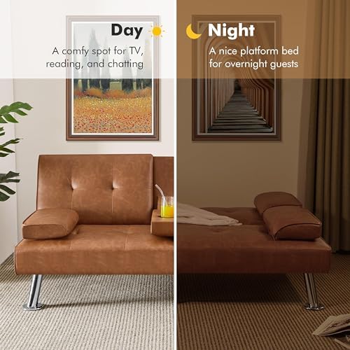 Yaheetech Convertible Futon Sofa Bed Loveseat with Cup Holder, Brown