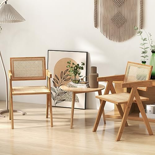 Giantex Boho Cane Dining Chairs Set of 2, Max Load 330 Lbs, Wooden Dining Cha...