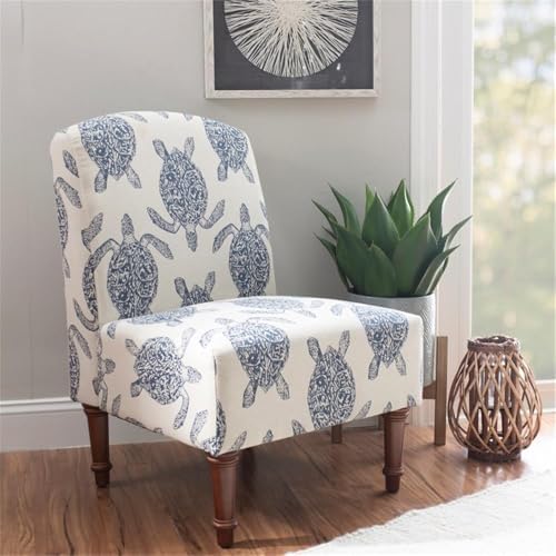 Linon Hawksbill Upholstered Turtle Print Armless Accent Chair in Blue & C...