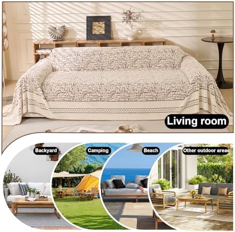ROOMLIFE Thicked Striped Boho Khaki Couch Cover for 2-3 Cushion Sofa, Fuzzy P...