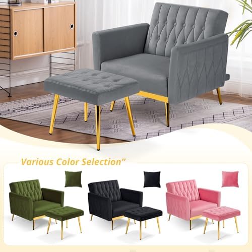 Velvet Accent Chair w/Ottoman & Adjustable Backrest, Grey