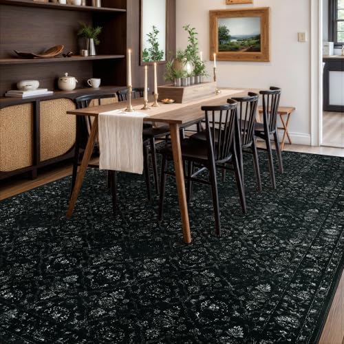 Hedlive Vintage Black Rug for Living Room 9x12, Ultra-Thin Washable Large Are...