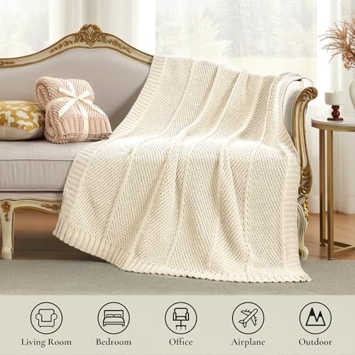 Amélie Home Chenille Knit Throw Blanket for Couch, Ivory, 50"x60"