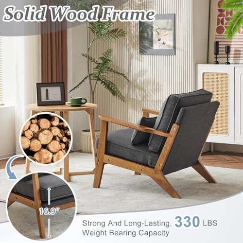VINGLI Solid Wood Wide Armrests Accent Chair,Upholstered Mid Century Modern C...