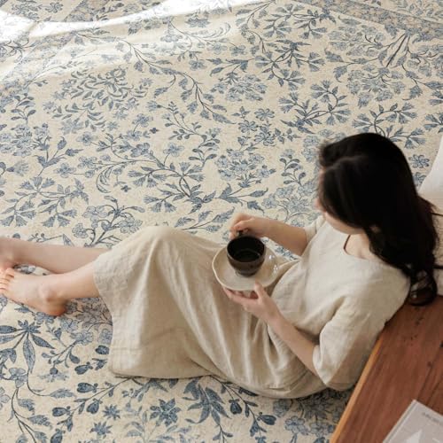 jinchan 8x10 Washable Living Room Area Rug, Vintage Floral, Blue/Cream