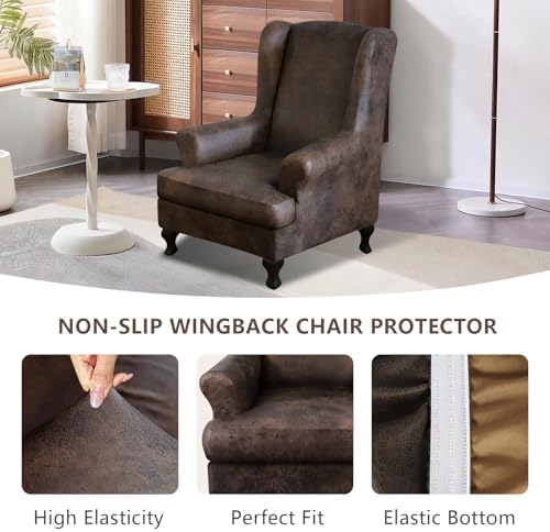 ANARACHON Leather Look Wingback Chair Covers, 2-Piece Wing Chair slipcover, S...