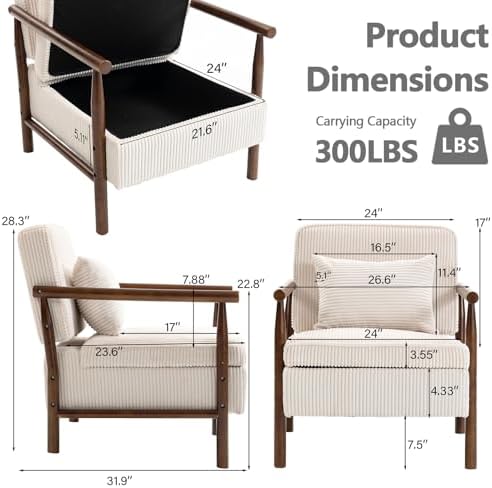 HRVEOCEI White Accent Chair with Storage, Mid Century Modern Arm Side Chair f...