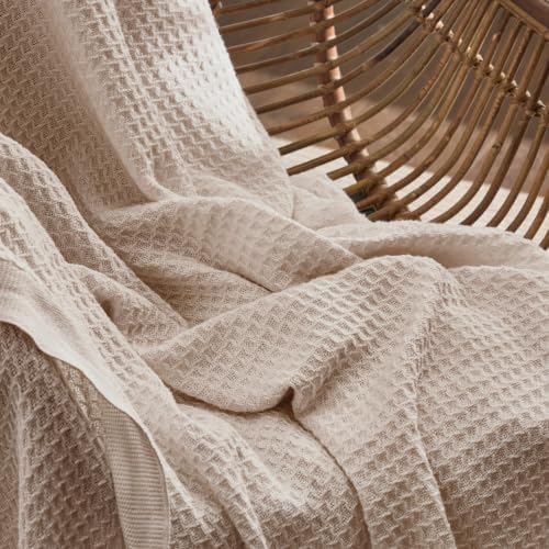 Bedsure 100% Cotton Blanket, Waffle Weave, Queen Size, Beige, 90"x90"