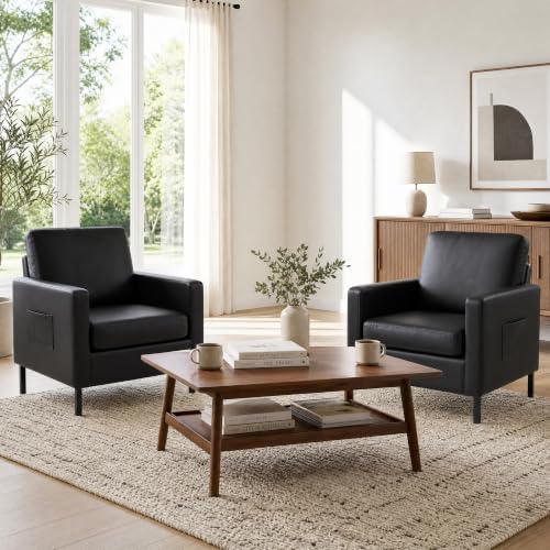Mid Century Black Leather Mordern Accent Chairs Set of 2 for Living Room