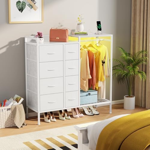 HIGDBFE 8-Drawer Dresser with Hanging Rack for Bedroom, White, 11.8" D