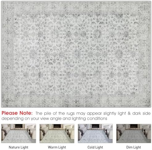 Tosuoka Area Rugs 9x12 Living Room Rug, Vintage Washable Rug Light Gray