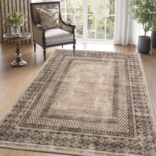 NICETOWN 8x10 Ultra-Thin Brown Oriental Rug for Bedroom, Tumble Washable Area...