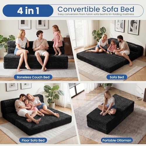 Erament Tri-Fold Futon Sofa Bed, 6 Inch Foldable Floor Couch, High-Density Fo...
