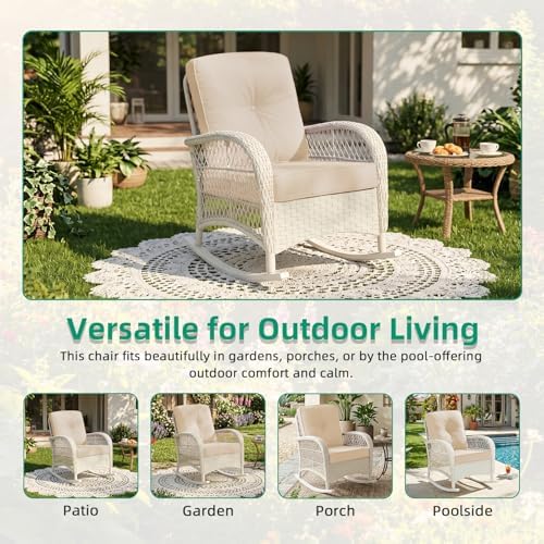 VIVIJASON Outdoor Wicker Rocking Chair, Patio Rattan Rocker Chair with Cushio...