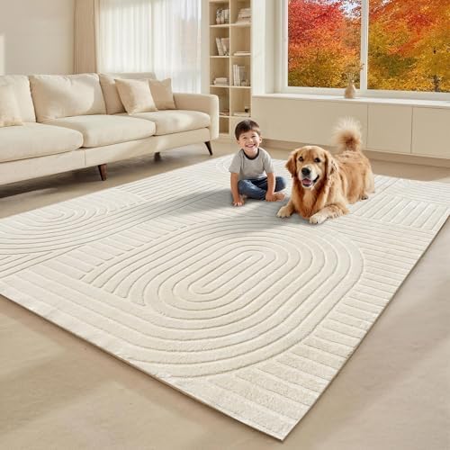 Beige Solid Area Rug 8x10, Washable Rugs for Living Room Bedroom