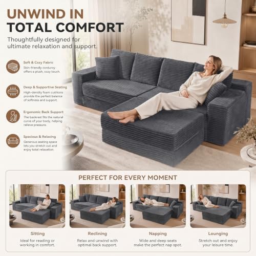 106'' Convertible Futon Sofa Bed, Boneless Couch for Living Room, Grey