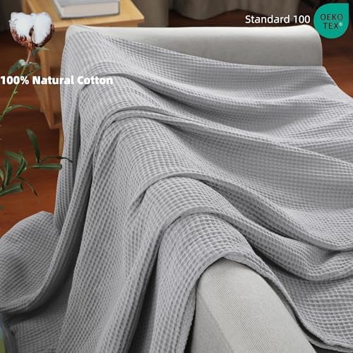 100% Cotton Waffle Blanket for Bed King Size, Light Grey, 104 x 90 Inches
