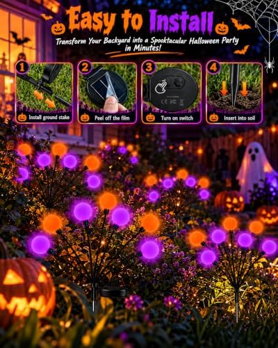 OZS 6 Pack Orange Purple Halloween Decorations Outdoor Solar Firefly Lights