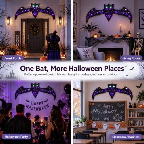40.9 Inch Lighted Halloween Bat Decoration with Glowing Green Eyes and Purple...