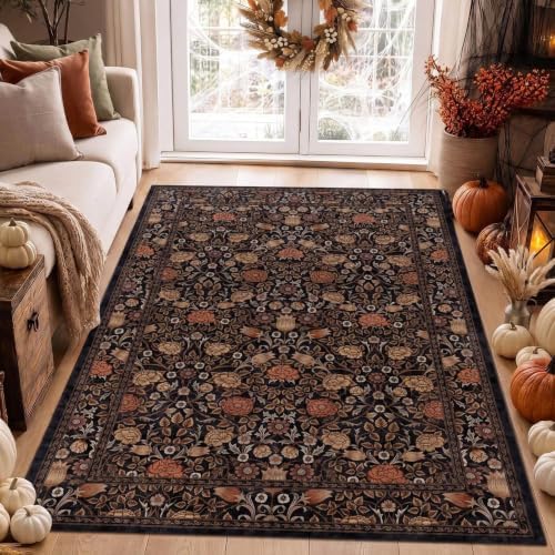 GarveeHome Dark Brown Floral Washable Rug 5x7 for Bedroom Living Room
