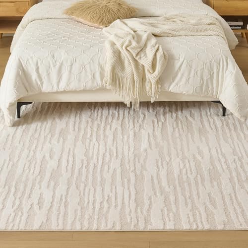 Textured High-Low Striped Area Rug Neutrel, Washable Cozy 6*8 feet