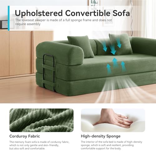 79" Convertible Futon Sofa Bed, Boneless Couch for Living Room (Green)