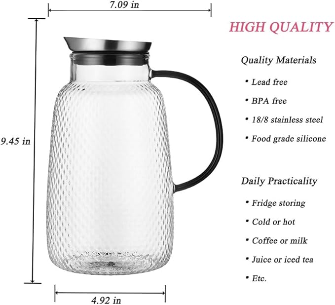 Purefold Pitcher with Lid, Glass Jug with Stainless Steel Lid - Image 3