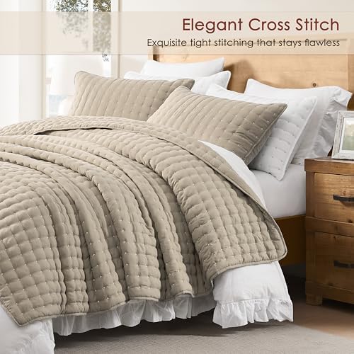 WDCOZY Cloud Soft Quilt Set, Queen Size, Beige, 3 Pieces 90x90 inches
