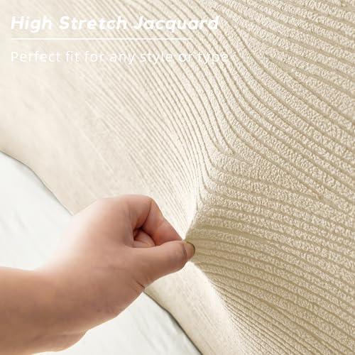 Bed Headboard Cover Queen, Stretch Head Board Slipcover Washable | Jacquard Protector Slip Cover for Upholstered Headboard for Bedroom Decor, Slanted Rib White, Queen (Length 59"-67")