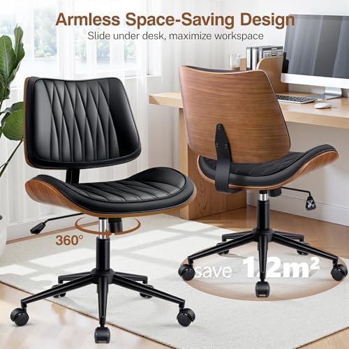 Ergonomic Armless Office Desk Chair - Mid-Century Modern Black Faux Leather w...