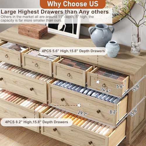 chartustriable 65inch Large Long Drawer Dresser w/Deep Drawers,Rustic Wood 8 ...