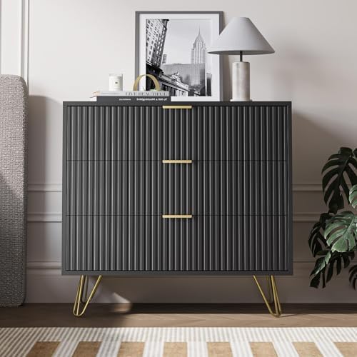Black 3 Drawer Dresser for Bedroom, Fluted Dresser with Gold metal Handles
