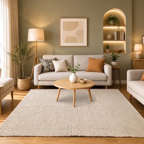 Jute Cotton Area Rug, Hand Woven Farmhouse Carpet for Living Room, Bedroom, D...