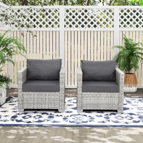 WAROOM Patio Chairs Set of 2 Wicker Outdoor Sofa, Porch Single Chair Grey Rat...