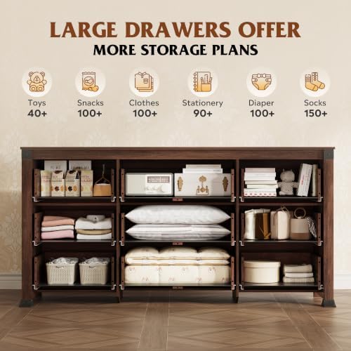 WLIVE Brown Dresser for Bedroom, 9 Drawer Wooden Chest of Drawers with SGS-Te...