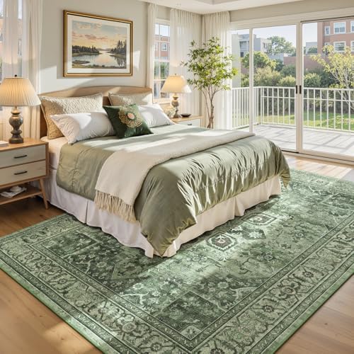 Sage Green 9x12 Area Rug for Living Room, Vintage Boho Large Carpet