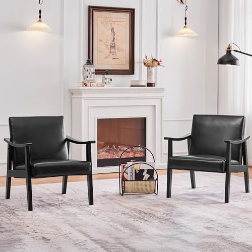 Yaheetech Accent Chairs Set of 2, Mid-Century Faux Leather Armchairs, Black