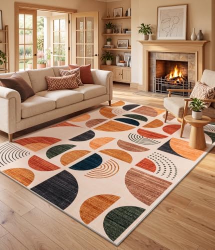 YIHOUSE Boho Washable 5x7 Area Rugs for Living Room, Mid-Century Modern Rug f...