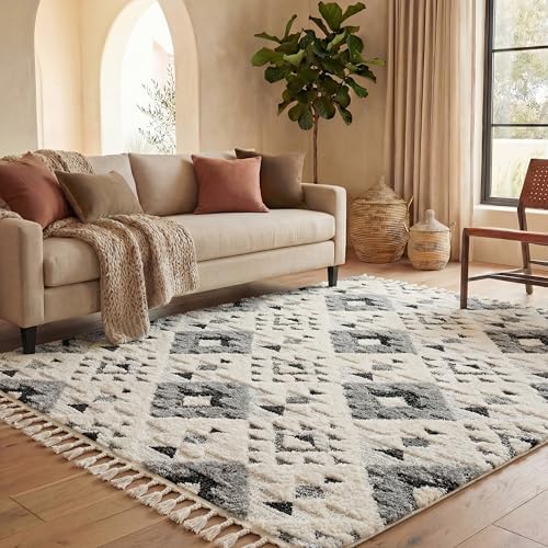 SAFAVIEH Area Rug 9x12 - Moroccan Tassel Shag Collection - Large - Ivory & Grey, Non-Shedding & Easy to Clean, Plush High-Low Texture, Ideal for Living Room, Bedroom, Dining Space (MTS688F)