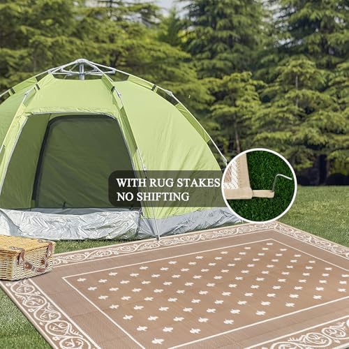 Pauwer Waterproof Outdoor Rug 6x9, Plastic Straw Patio Rug, Bordered Beige