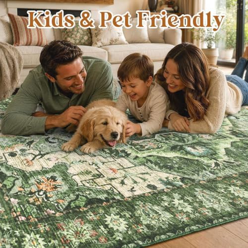 YOH 6x9 Ft Vintage Washable Area Rug for Living Dining Room (Green)